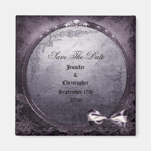 ゴシック様式の翼のあるスカルパープル結婚は日付 マグネット (正面)