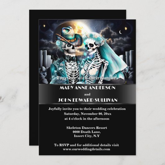 ゴシック様式の西スケルトンカップル結婚ハロウィーン 招待状 (正面/裏面)