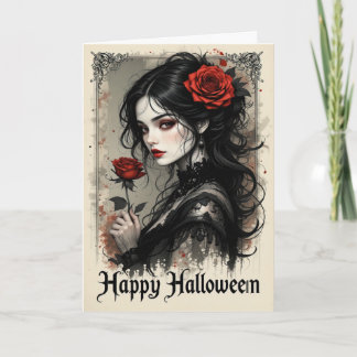 ゴシック様式の赤いローズヴァンパイア女性ハロウィンエレガント カード
