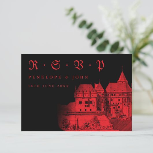 ゴシック様式の赤い黒い城の目的地の結婚式 出欠カード (スタンド正面)