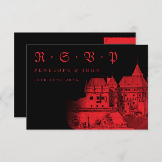 ゴシック様式の赤い黒い城の目的地の結婚式 出欠カード (正面/裏面)