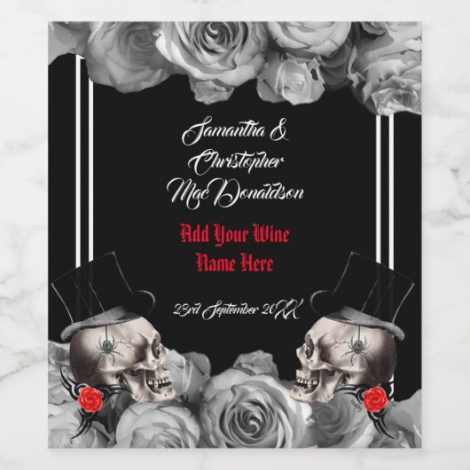ゴシック様式の頭蓋骨のバイカーまたは岩をテーマにした黒い結婚式 ワインラベル (シングルラベル)