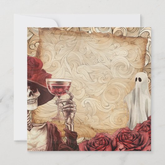 ゴシック様式の骨格と幽霊ビクトリアンハロウィーン 招待状 (裏面)