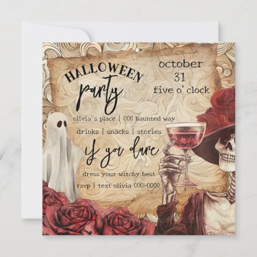 ゴシック様式の骨格と幽霊ビクトリアンハロウィーン 招待状 (正面)