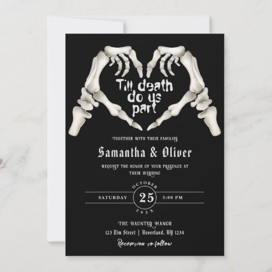 ゴシック様式の骨格ハートのデスブラック結婚ズ 招待状 (正面)