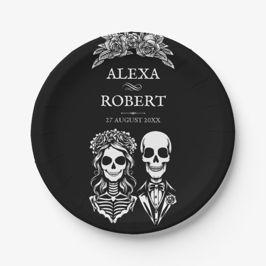 ゴシック様式の骨格バラ結婚カップル ペーパープレート (正面)