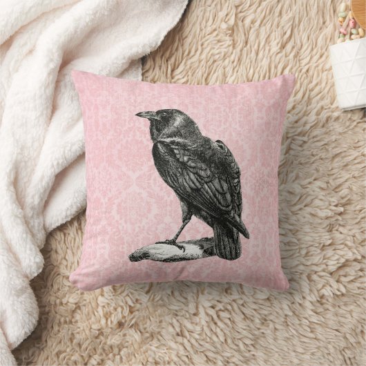 ゴシック様式の黒いカラス |ピンクダマスク クッション (ブランケット)