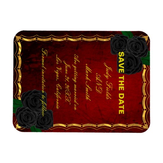 ゴシック様式の黒いバラ血の赤い結婚式の日付を保存 マグネット (横)