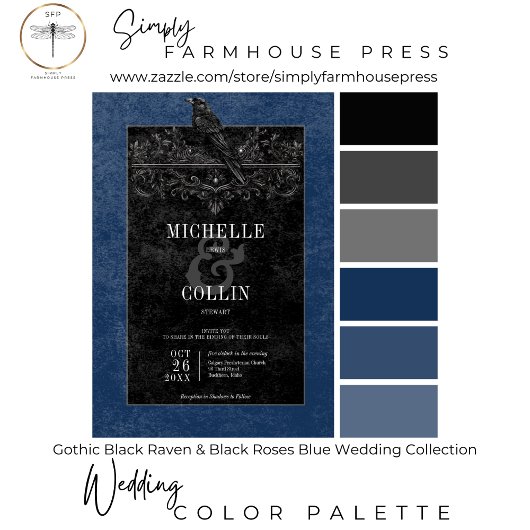 ゴシック様式の黒いレイベンと黒のバラブルー両面 招待状