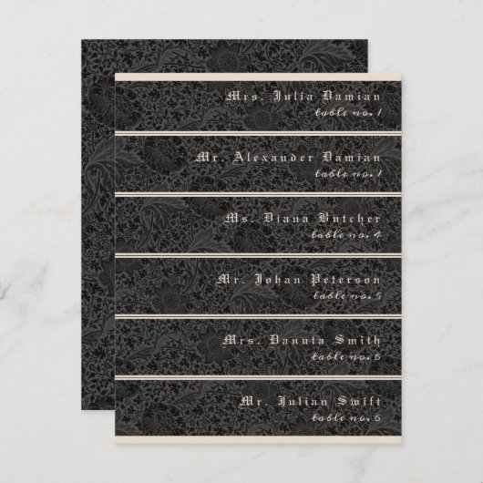 ゴシック様式の黒い植物花スレンダー座席表 招待状 (正面/裏面)