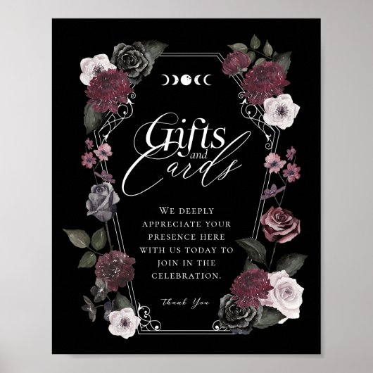 ゴシック様式の黒い水色花模様ギフト&カードサイン ポスター (正面)
