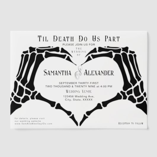 ゴシック様式の黒い骨格の手が死結婚の ベラム紙招待状 (正面)