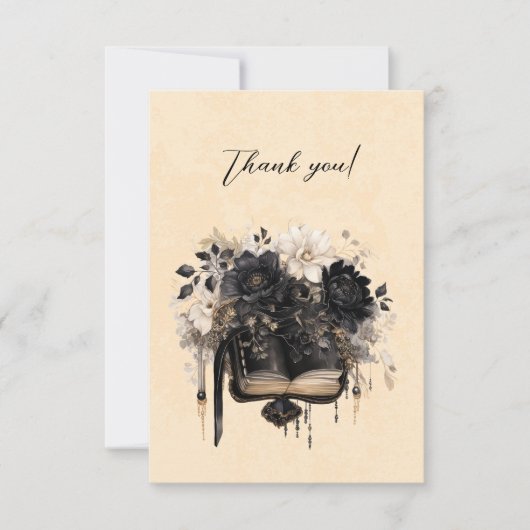 ゴシック様式の黒とアイボリーの本と花ありがとう サンキューカード (正面)