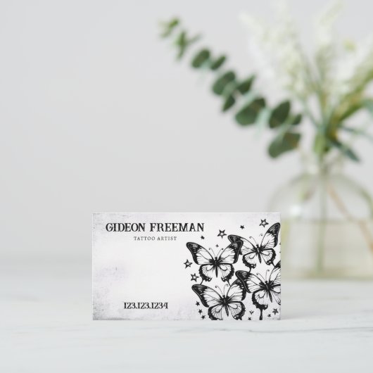 ゴシック様式の黒と白きらめくの蝶タトゥー 名刺 (スタンド正面)