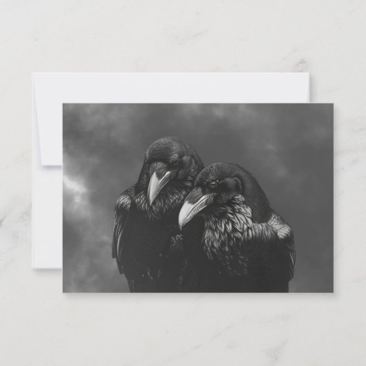 ゴシック様式の黒と白のカラスの抱擁結婚の夕食 出欠カード (裏面)