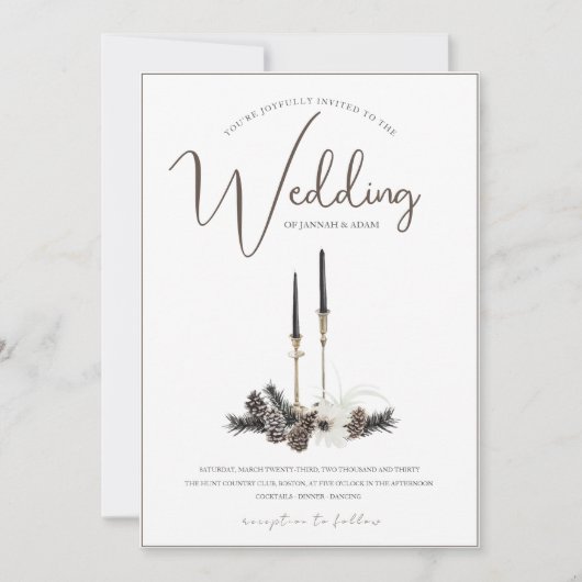 ゴシック様式の黒と白のクリスマスキャンドル結婚ズ 招待状 (正面)