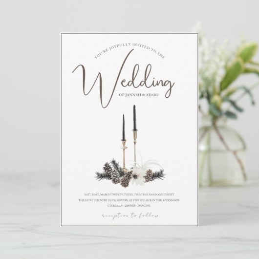 ゴシック様式の黒と白のクリスマスキャンドル結婚ズ 招待状 (スタンド正面)