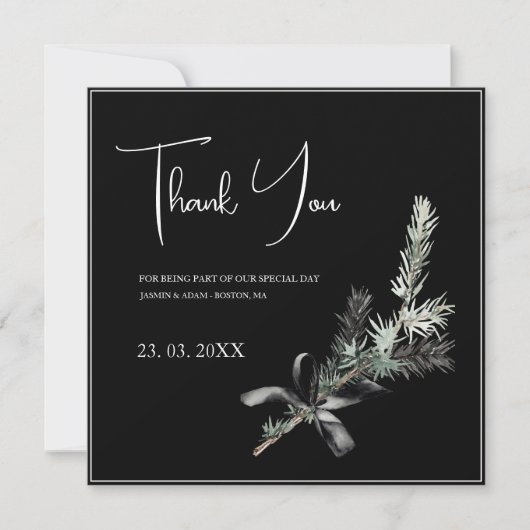 ゴシック様式の黒と白のクリスマスブランチ結婚ズ サンキューカード (正面)