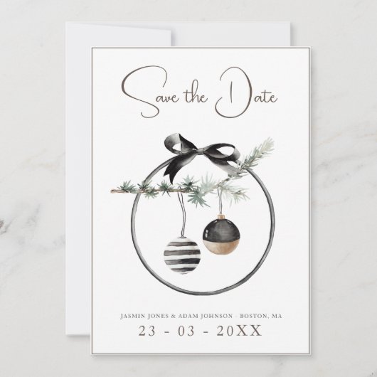 ゴシック様式の黒と白のクリスマスボー結婚ブル セーブザデート (正面)