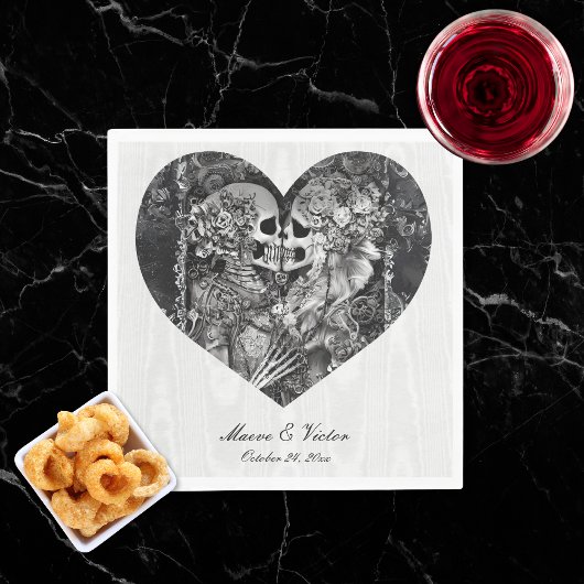 ゴシック様式の黒と白のスケルトン結婚カップル スタンダードランチョンナプキン