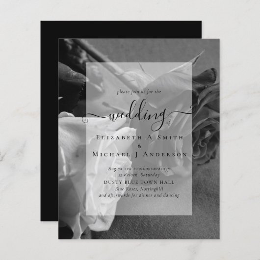 ゴシック様式の黒と白のバラのゴシック結婚式の招待 (正面/裏面)