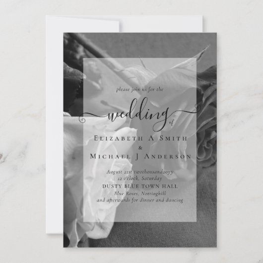 ゴシック様式の黒と白のバラのゴシック結婚式の招待 (正面)