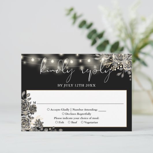 ゴシック様式の黒と白のバラのストリングラ結婚イト 出欠カード (スタンド正面)