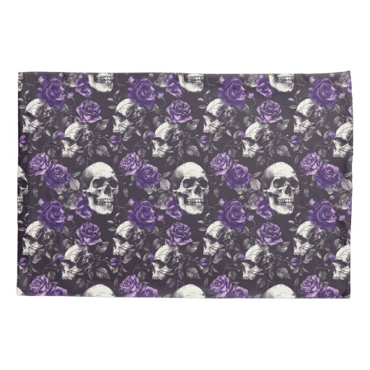 ゴシック様式の黒と紫のスカルとバラ寝具 枕カバー (裏面)
