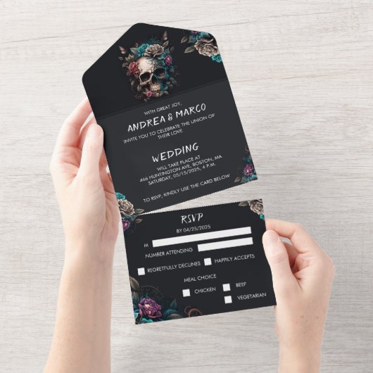 ゴシック様式の黒と紫のハロウィン結婚のスカルアル オールインワン招待状 (貼ってはがせる)