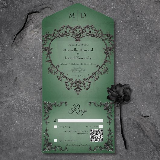 ゴシック様式の黒と緑の塗り潰しハートQRコード オールインワン招待状