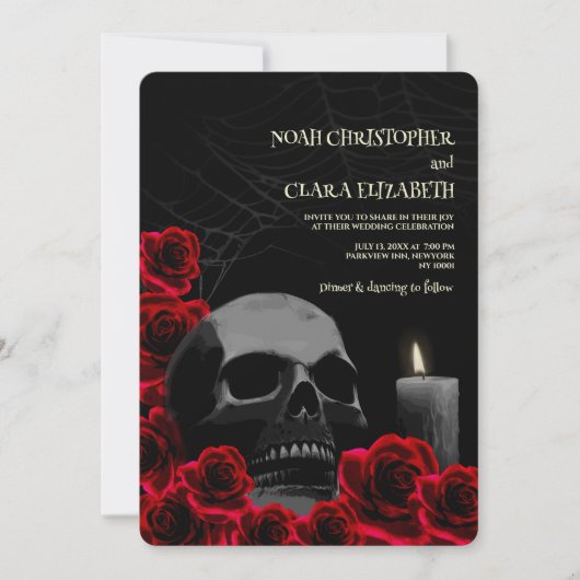 ゴシック様式の黒と赤のハロウィーンスカル赤のバラ 招待状 (正面)