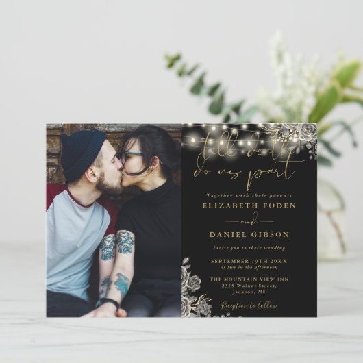 ゴシック様式の黒と金ゴールドのフローラライト写真結婚の 招待状 (スタンド正面)