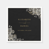 ゴシック様式の黒と金ゴールドバラのフローラ スタンダードカクテルナプキン (正面)