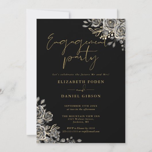 ゴシック様式の黒と金ゴールドフォト婚約パーティ 招待状 (正面)