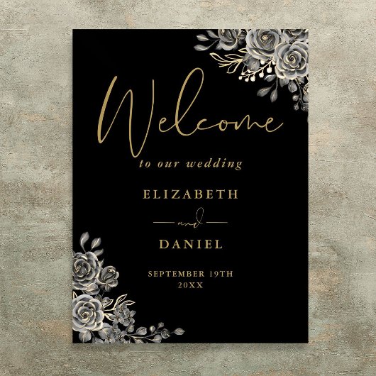 ゴシック様式の黒と金ゴールド結婚フローラの歓迎サイン ポスター