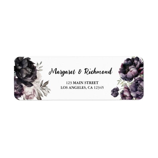 ゴシック様式の黒牡丹結婚フローラ差出人住所 ラベル (正面)