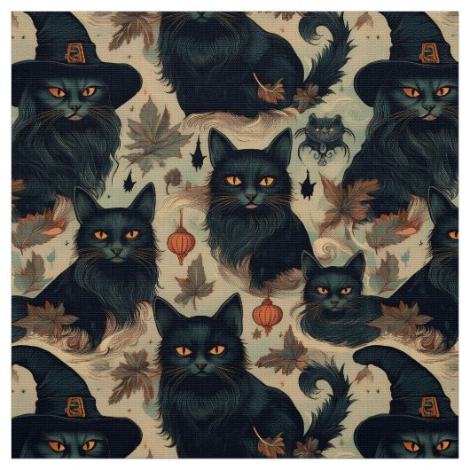 ゴシック様式の黒猫が魔女の帽子パターン ファブリック (見本)