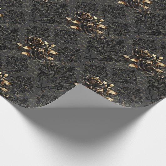 ゴシック様式の黒金ゴールドバラエレガントダマスク ラッピングペーパー (角)