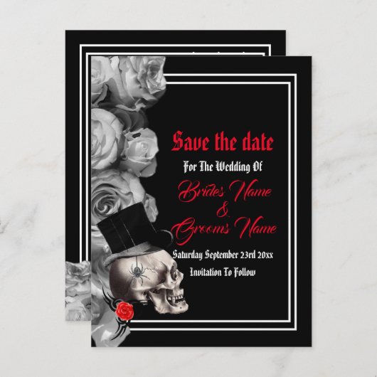 ゴシック様式の、バイクもしくは自転車に乗る人または石の黒い結婚式の保存日付 案内ポストカード (正面/裏面)