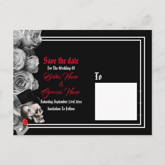 ゴシック様式の、バイクもしくは自転車に乗る人または石の黒い結婚式の保存日付 案内ポストカード (裏面)