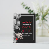 ゴシック様式の、バイクもしくは自転車に乗る人または石の黒い結婚式の保存日付 案内ポストカード (スタンド正面)