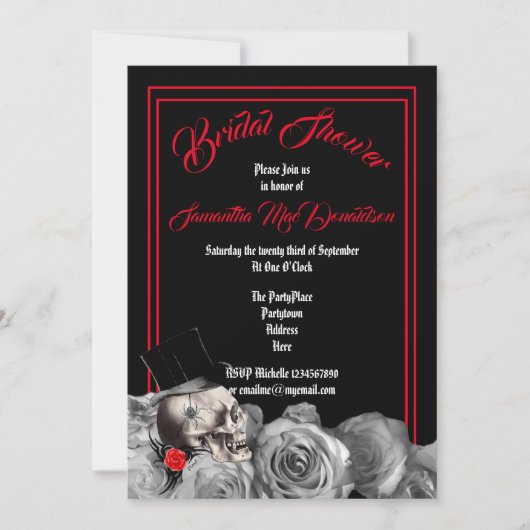 ゴシック様式の、石またはバイクもしくは自転車に乗る人の黒くおよび赤いブライダルシャワー 招待状 (正面)