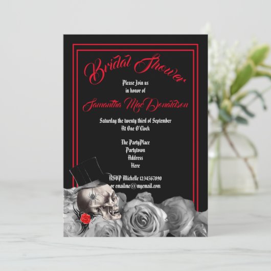 ゴシック様式の、石またはバイクもしくは自転車に乗る人の黒くおよび赤いブライダルシャワー 招待状 (スタンド正面)