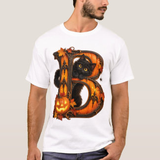 ゴシック様式のBの文字 ハロウィンのカボチャと黒猫 Tシャツ