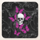 ゴシック様式スカルおよび蝶 スクエアペーパーコースター (正面)