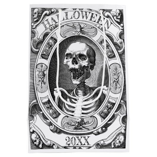 ゴシック様式スケルトンラインスケッチカスタム年ハロウィーン ミディアムペーパーバッグ (裏面)