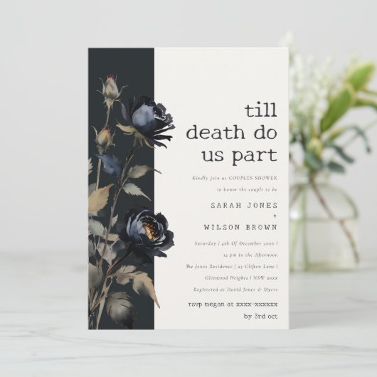 ゴシック様式ダークウォーター色ブラックバラカップルのシャワー 招待状 (スタンド正面)