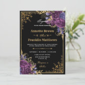 ゴシック様式ダークパープル華美フローラ結婚金ゴールド 招待状 (スタンド正面)