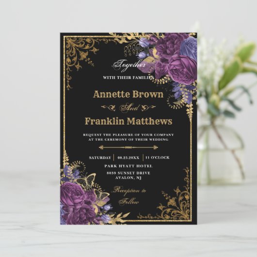 ゴシック様式ダークパープル華美フローラ結婚金ゴールド 招待状 (スタンド正面)