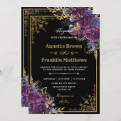 ゴシック様式ダークパープル華美フローラ結婚金ゴールド 招待状 (正面/裏面)